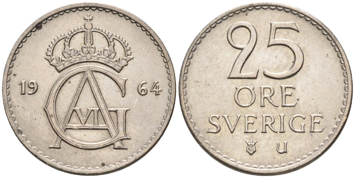 Швеция 25 эре 1964 Густав VI Адольф (1950-1973) KM 836 медно-никель UNC 4585-464