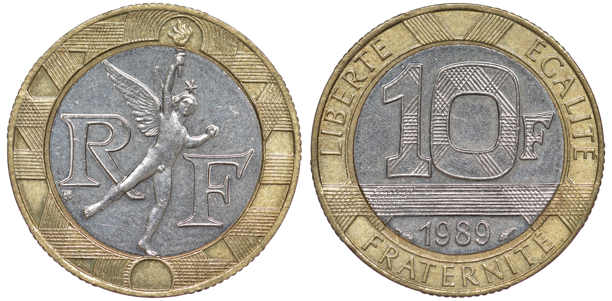 Франция 10 франков 1989 тип гений Бастилии KM 964.1, Le Franc 375.3 биметалл  4606-147