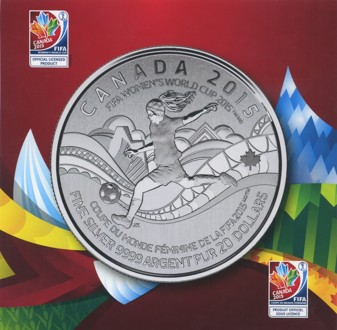 Канада 20 долларов 2015 FIFA, чемпионат мира по женскому футболу, в оригинальном буклете KM NEW серебро PROOF 6-6-2-14