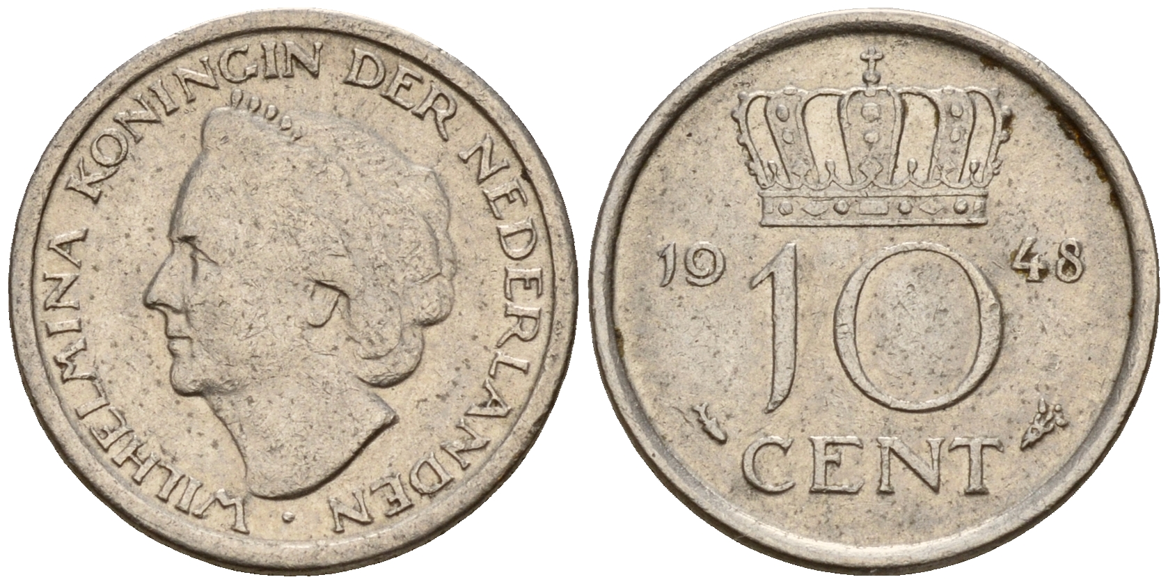 Нидерланды 10 центов 1948 Вильгельмина I (1890-1948) KM 177 никель    4598-267