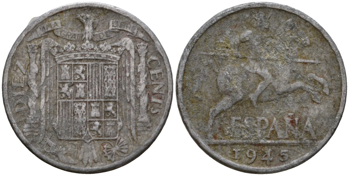 Испания 10 сентимо 1945 Рыцарь на коне, Франсиско Франко (1939-1975) KM 766 алюминий 183-236