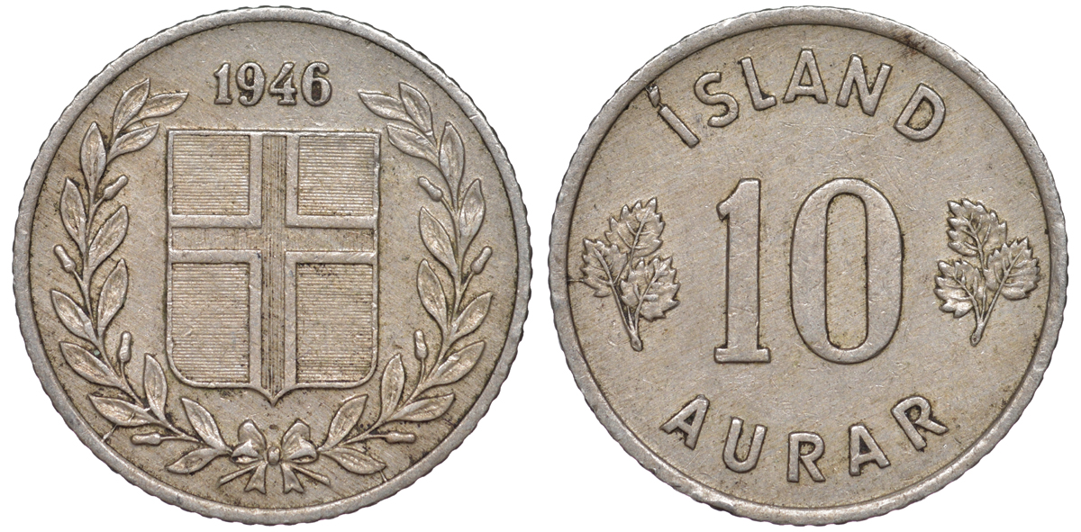 Исландия 10 эйре 1946 KM 10 медно-никель 4596-459