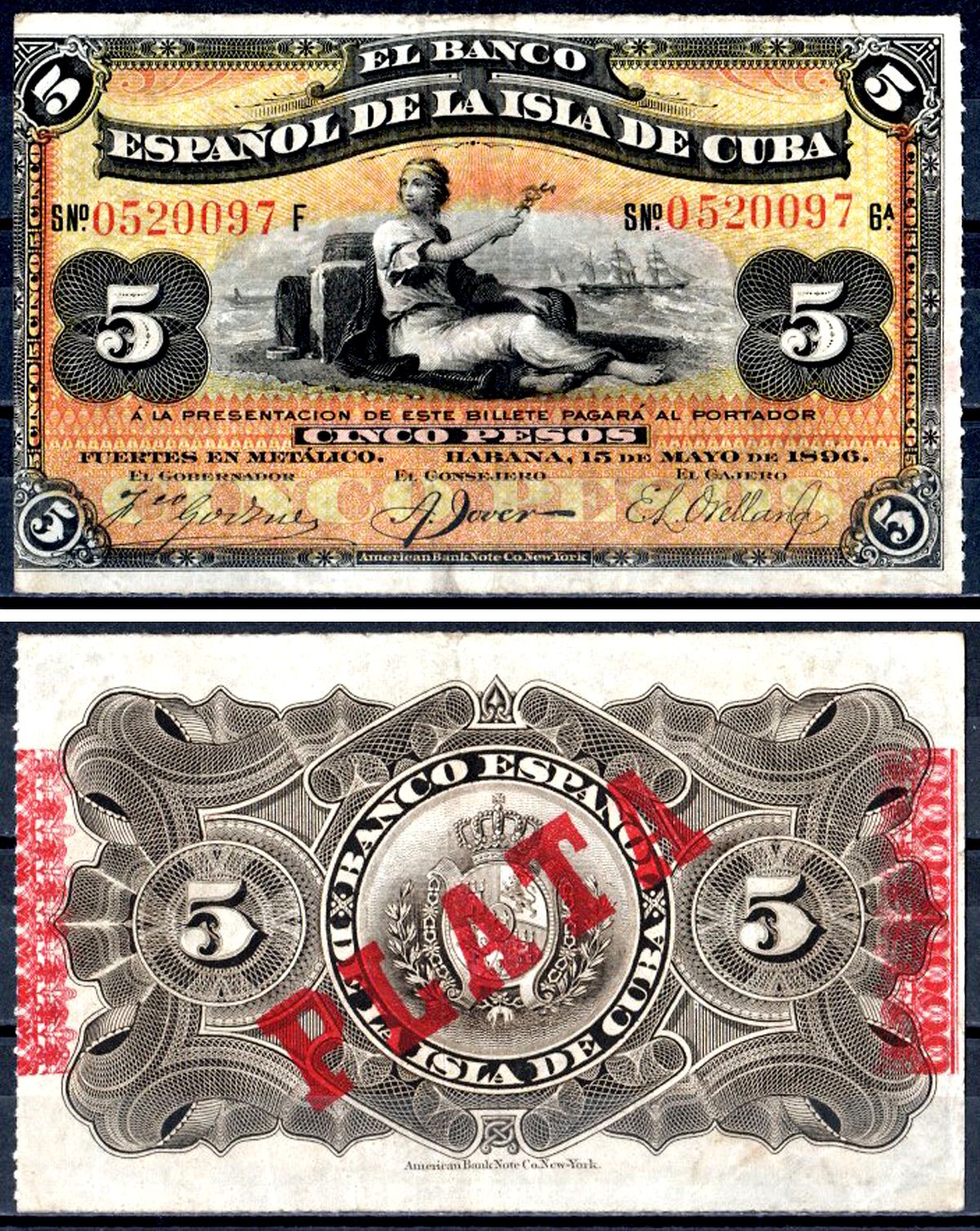 Куба 5 песо 1896 Испанская Администрация, надпечатка PLATA Pick 48 b бумага 402-68-3-1