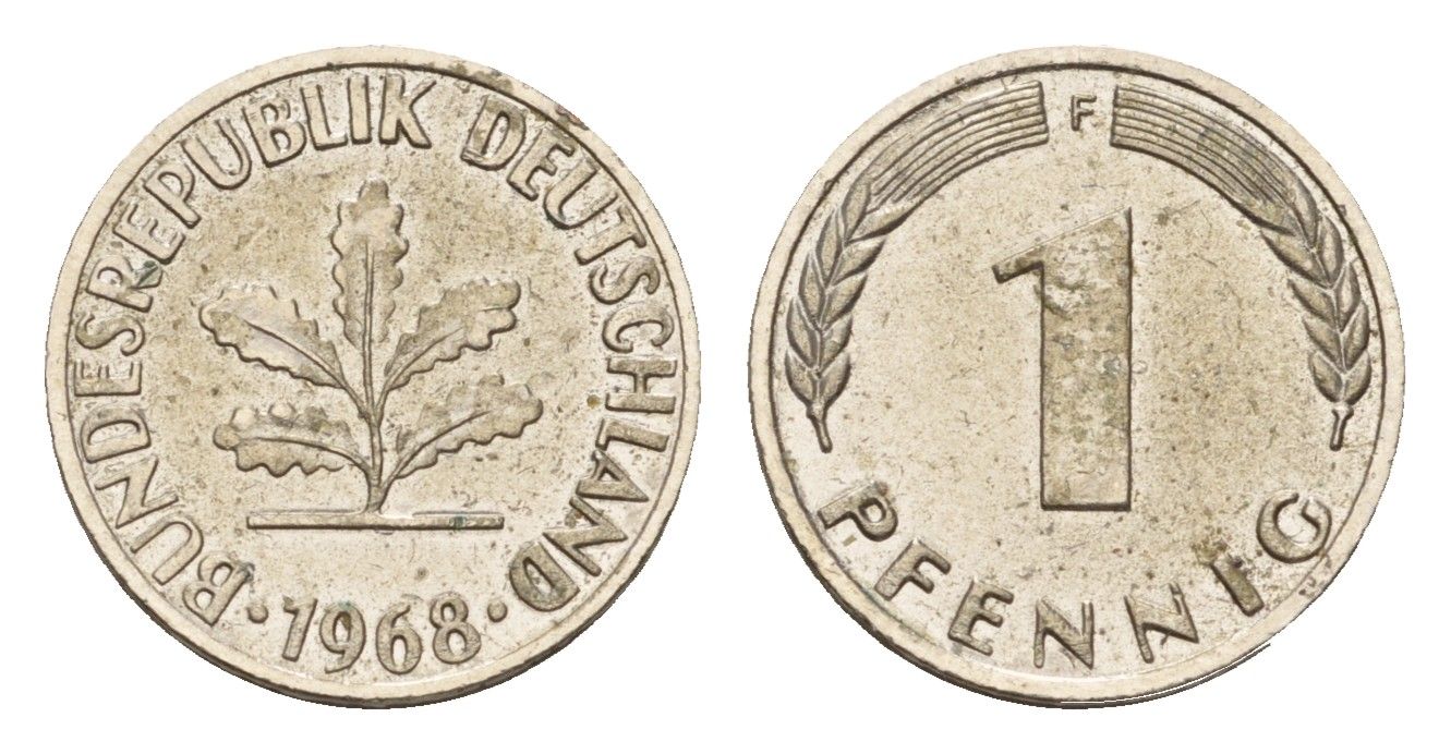 ФРГ 1 пфенниг 1968 F KM 105, J. 380 сталь плакированная медью, серебрение 4630-424