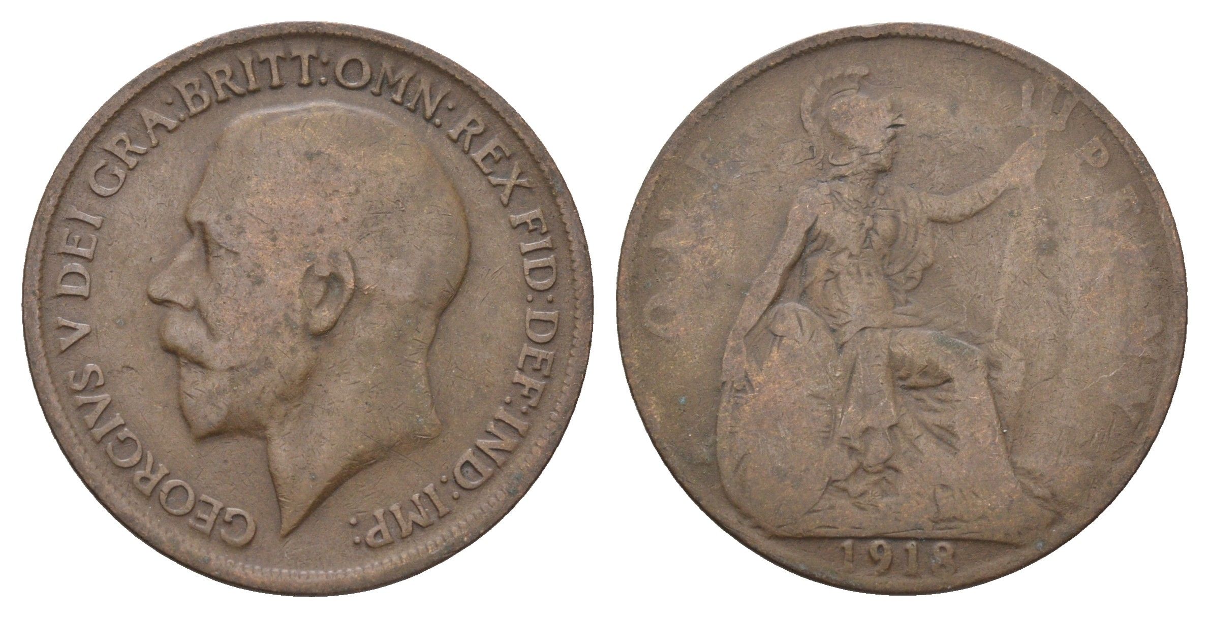 Великобритания 1 пенни 1918 Георг V (1910-1936) KM 810, Spink 4051 бронза 4661-536