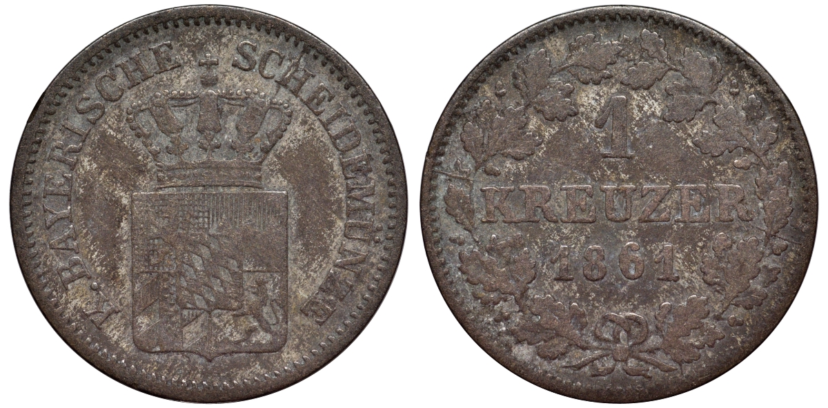 Бавария 1 крейцер 1861 Максимилиан II (1848-1864) KM 473 серебро 75-1662