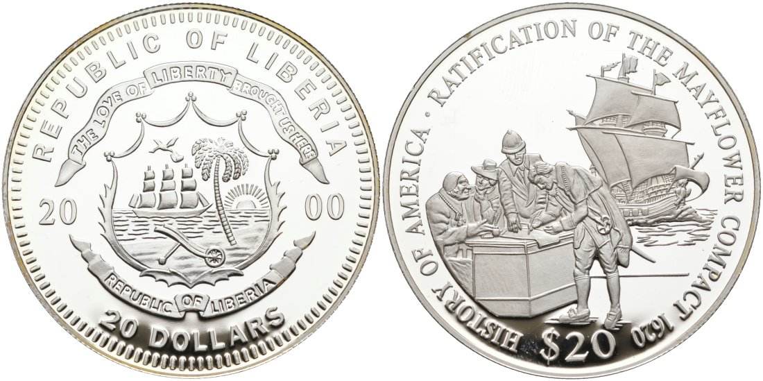 Либерия 20 долларов 2000 серия история Америки, ПОДПИСАНИЕ МАЙФЛАУЭРСКОГО СОГЛАШЕНИЯ В 1620 годУ KM 660 серебро PROOF 01-076-33