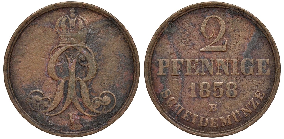 Брауншвейг-Каленберг-Ганновер 2 пфеннига 1858 B, Георг V (1851-1866) KM 234,aKS 153, J. 91 медь 4142-322