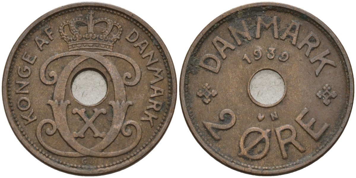 Дания 2 эре 1939 Кристиан X (1912-1947) KM 827 бронза 4147-535