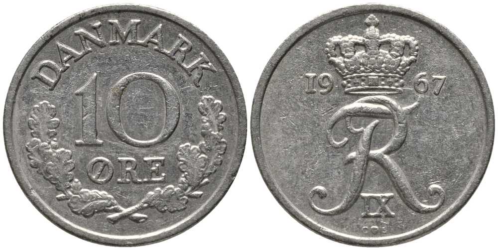 ДАНИЯ 10 ЭРЕ 1967 C; S, ФРЕДЕРИК IX (1947-1972) KM 841.3 медно-никель 116-225