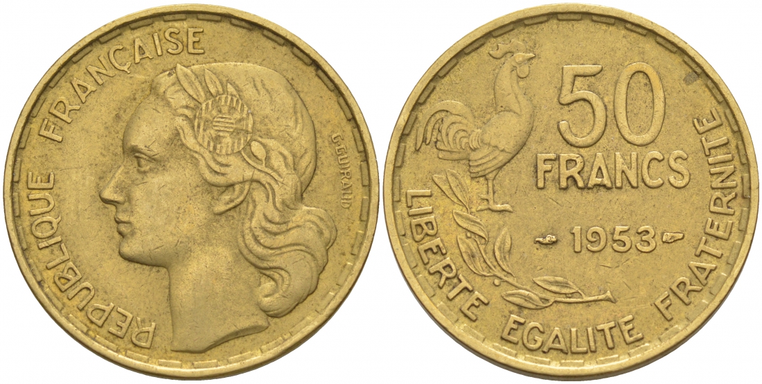 ФРАНЦИЯ 50 ФРАНКОВ 1953 KM 918.1 алюминиевая бронза 3855-734