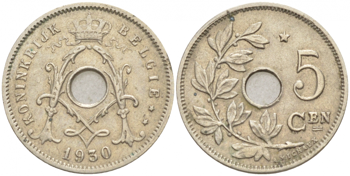 БЕЛЬГИЯ 5 САНТИМОВ 1930 BELGIE KM 94 никель латунь 4549-1055