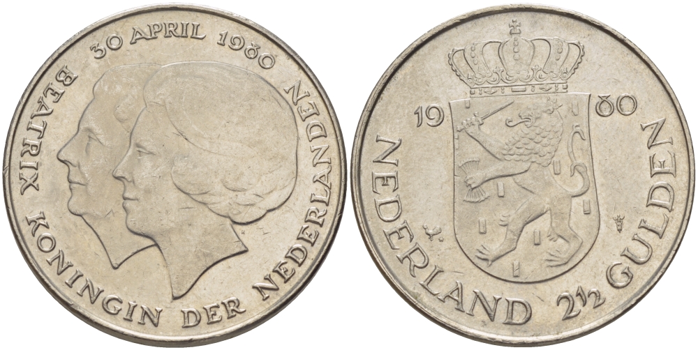 Нидерланды 2 1/2 гульдена 1980 коронация Беатрикс, 30 апреля 1980 KM 201 никель 38-133