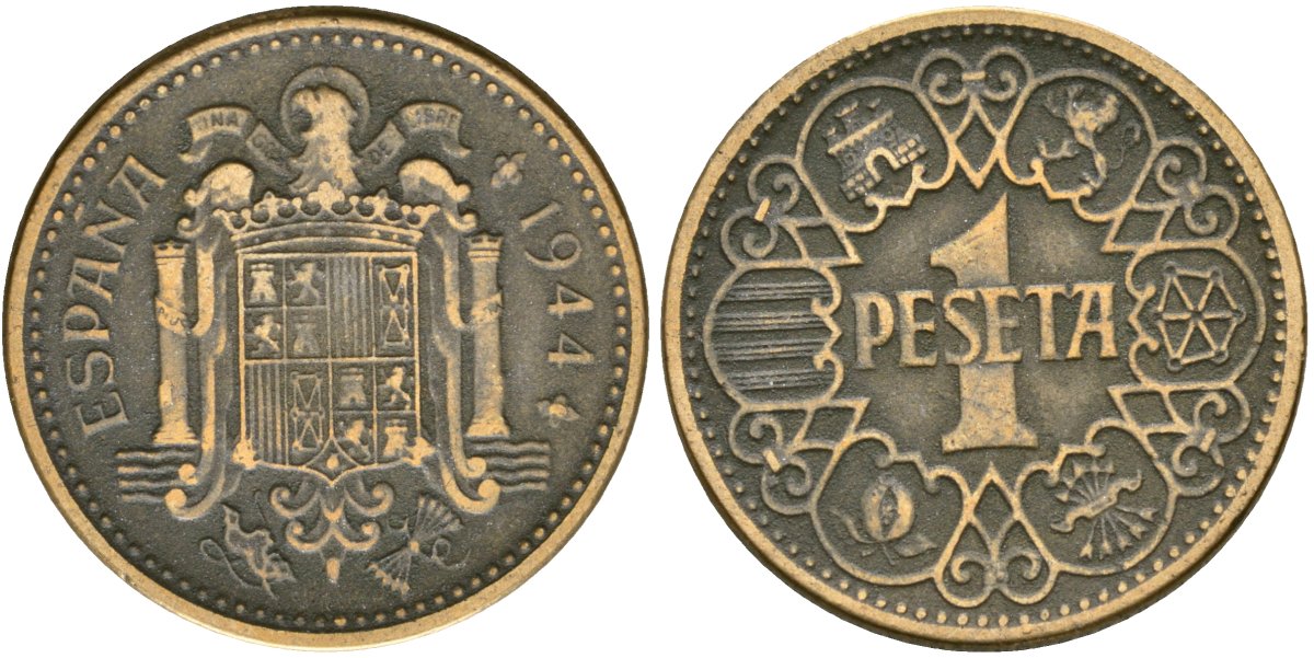 Испания 1 песета 1944 Национальное правительство (1939 - 1947) KM 767 алюминиевая бронза 4171-1035