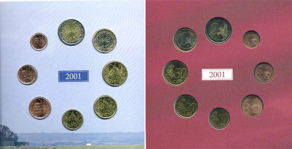 Франция набор из 3 евронаборов по 8 монет 1999-2001 оригинальный официальный набор из трех евронаборов, в картонном буклете    UNC  7-6-1-07