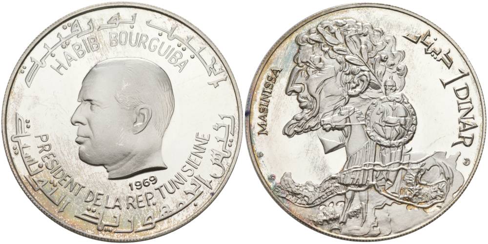 Тунис 1 динар 1969 Хабиб Бургиба, Массинисса, первый царь Нумидии KM 293 серебро PROOF 1091-5-51