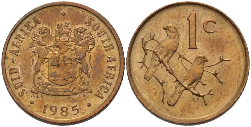 ЮАР 1 цент 1985 герб, капские воробьи KM 82 бронза UNC 66-265
