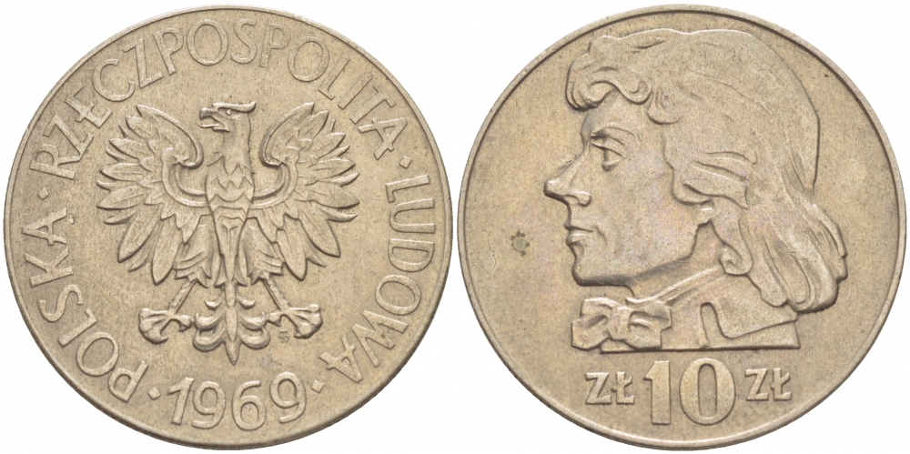 Польша 10 злотых 1969 MW, Тадеуш Костюшко KM 50a медно-никель 4519-1027