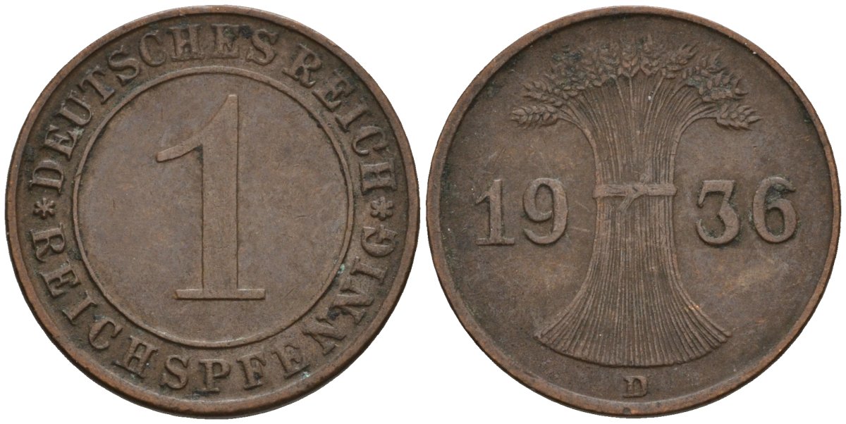 Германия 1 рейхспфенниг 1936 D KM 37, J. 313 бронза 4549-814