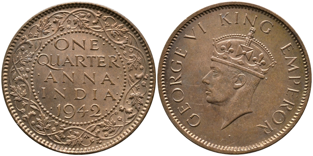 Британская Индия 1/4 анна 1942 Георг VI (1937-1952) KM 531 бронза aUNC 4364-837