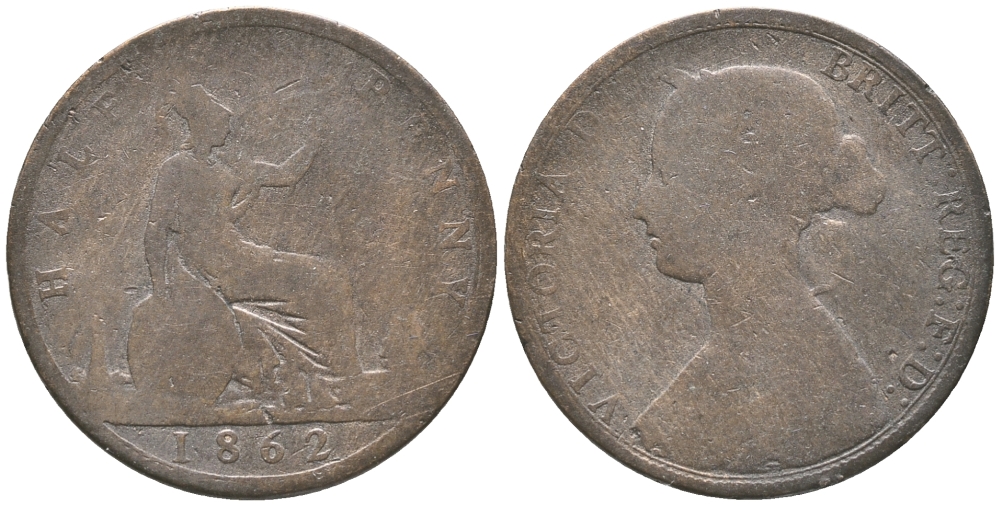 Великобритания 1/2 пенни 1862 Виктория (1837-1901) KM 748.2, Spink 3956 бронза 34-144