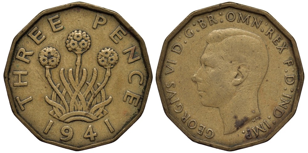 Великобритания 3 пенса 1941 Георг VI (1936-1952) KM 849, Spink 4112 никель латунь 4538-1115