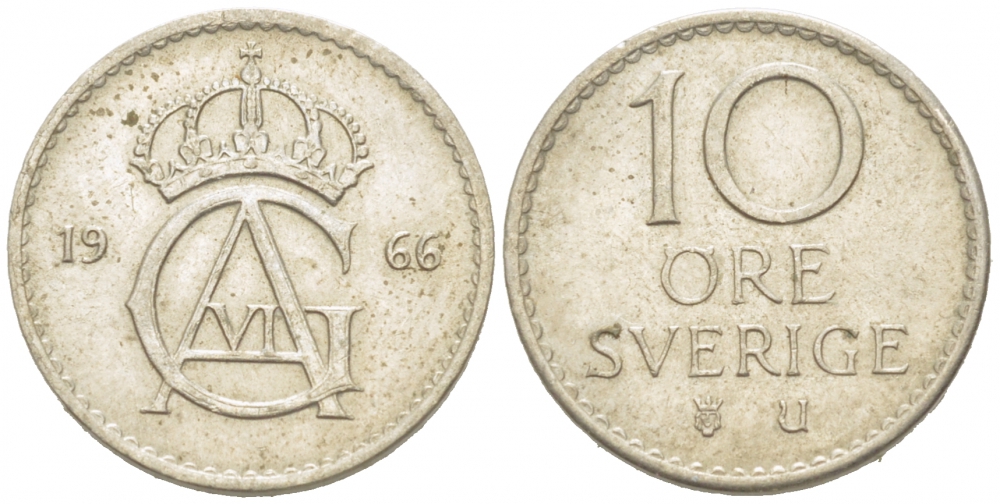 Швеция 10 эре 1966 U Густав VI Адольф (1950-1973) KM 835 медно-никель 3955-325