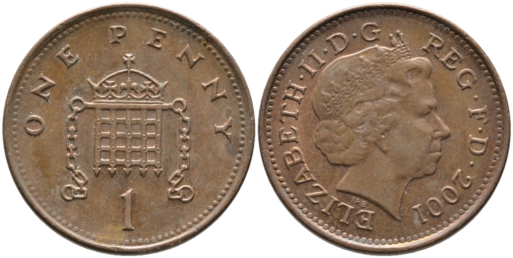 Великобритания 1 пенни 2001 Елизавета II (1952-2022) KM 986, Spink 4710 (B5) сталь плакированная медью 65-921