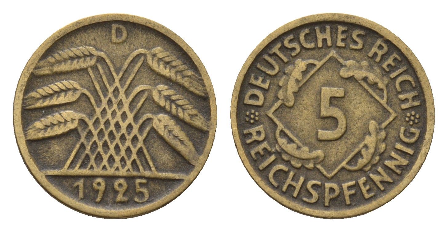 Германия 5 рейхспфеннигов 1925 D KM 39, J. 316 алюминиевая бронза 4651-734