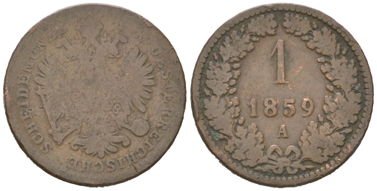 Австрия 1 крейцер 1859 A, Франц Иосиф I (1848-1916) KM 2186 медь 4617-361