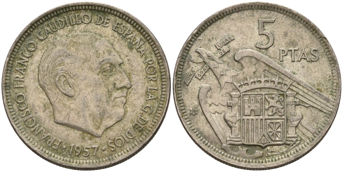 Испания 5 песет 1957 (58) Франсиско Франко (1939 - 1975) KM 786 медно-никель 4155-521