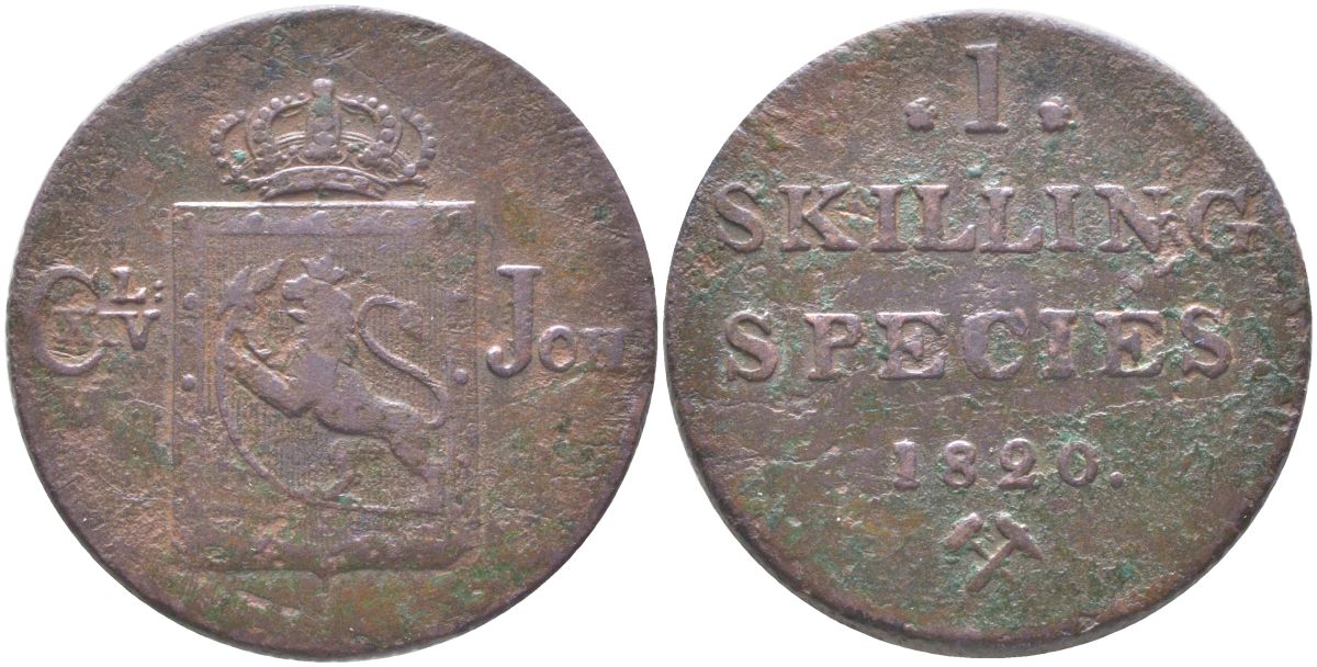 Норвегия 1 скиллинг 1820 Карл XIV Юхан (Карл III) (1818-1844) KM 286 медь 4120-133