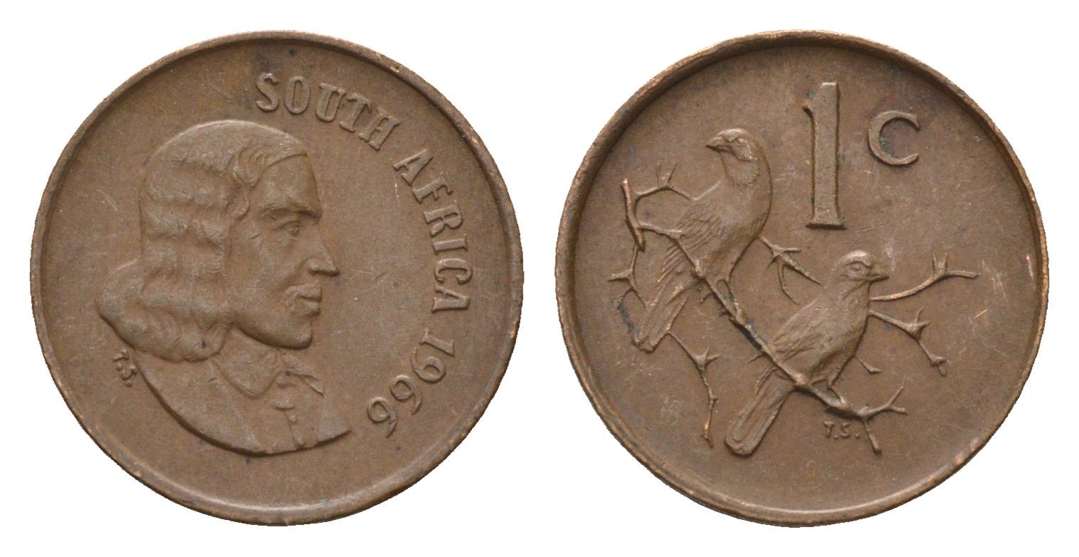 ЮАР 1 цент 1966 Ян ван Рибек (1619-1677), South Africa, легенда на африкаанс, капские воробьи KM 65.1 бронза 4690-1149