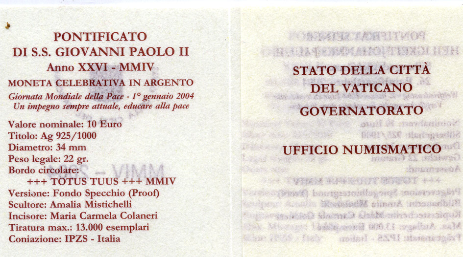 Ватикан 10 евро 2004 Иоанн Павел II, 150 лет провозглашения догмата о непорочном зачатии, в оригинальной коробке, с сертификатом KM 360 серебро  PROOF  7-1-49