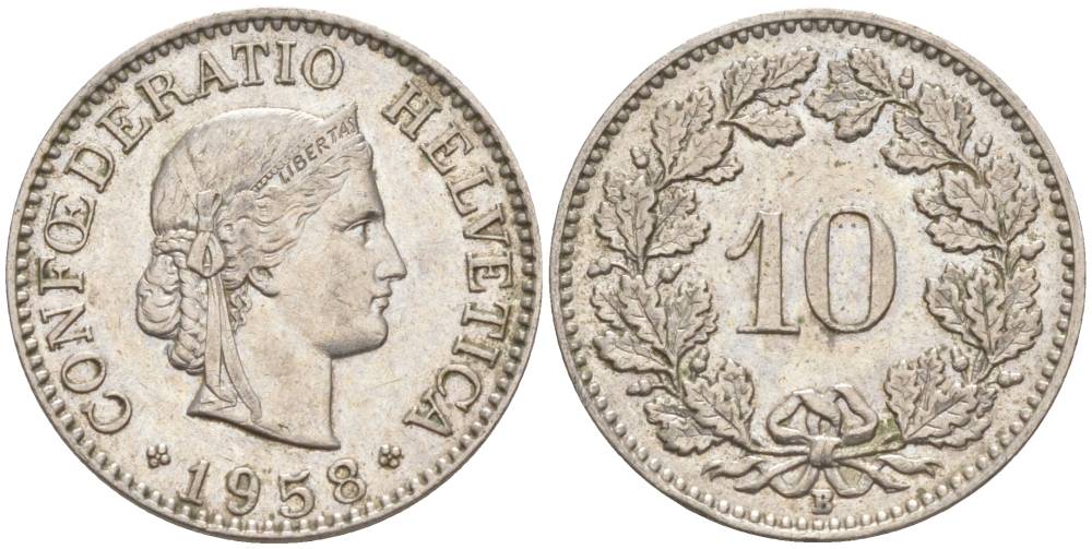 Швейцария 10 раппенов 1958 B KM 27 медно-никель     55-254