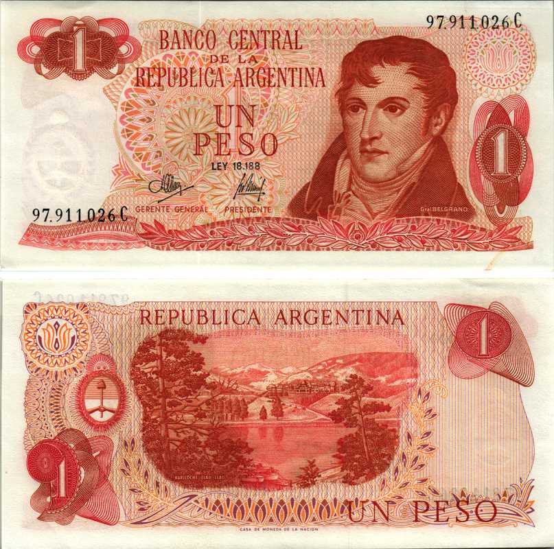 АРГЕНТИНА 1 ПЕСО 1972 СЕРИЯ С 97911, ГЕНЕРАЛ МАНУЭЛЬ БЕЛГРАНО Pick 287, Bottero 2311 бумага UNC (ПРЕСС) 7547-44-1-2