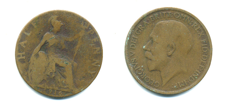 Великобритания 1/2 пенни 1916 Георг V (1910-1936) KM 809, Spink 4056 бронза 4383-356