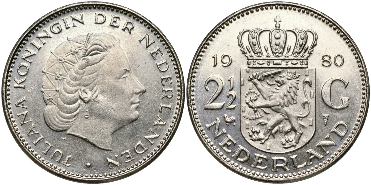 Нидерланды 2 1/2 гульдена 1980 Юлиана (1948-1980) KM 191 никель 4593-1242