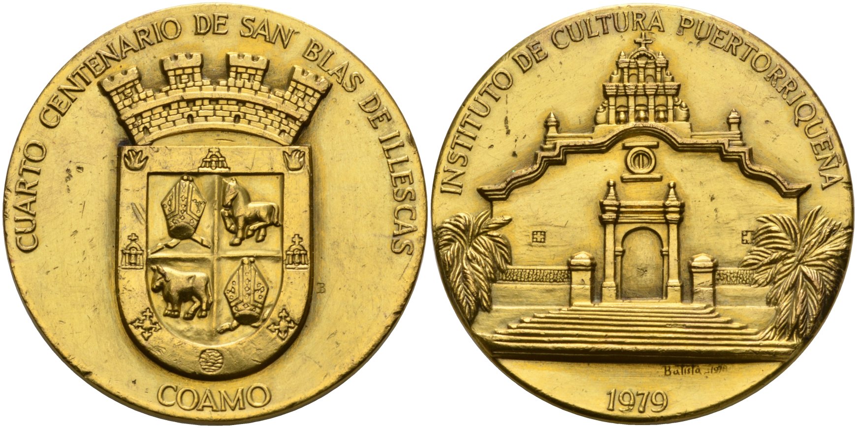 Пуэрто-Рико медаль 1979 Институт Культуры Пуэрто-Рико, 400 лет католической церкви San Blas de Illescas на площади Коамо, медальер BATISLA бронза 1072-2-22