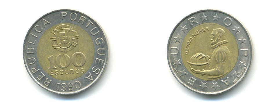 Португалия 100 эскудо 1990 Педру Нуниш (1502-1578), математик KM 645.1 биметалл 56-855
