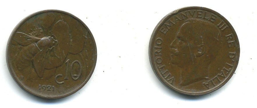 ИТАЛИЯ 10 ЧЕНТЕСИМО 1921 R ПЧЕЛА KM 60 медь 35-1243