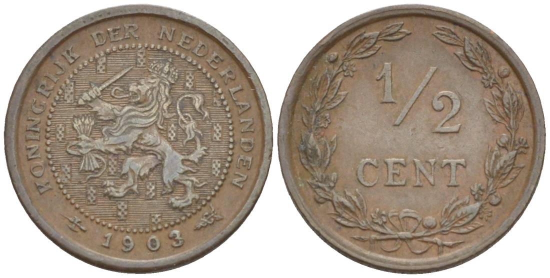 НИДЕРЛАНДЫ 1/2 ЦЕНТА 1903 ВИЛЬГЕЛЬМИНА I (1891-1948) KM 133 бронза 4547-1237