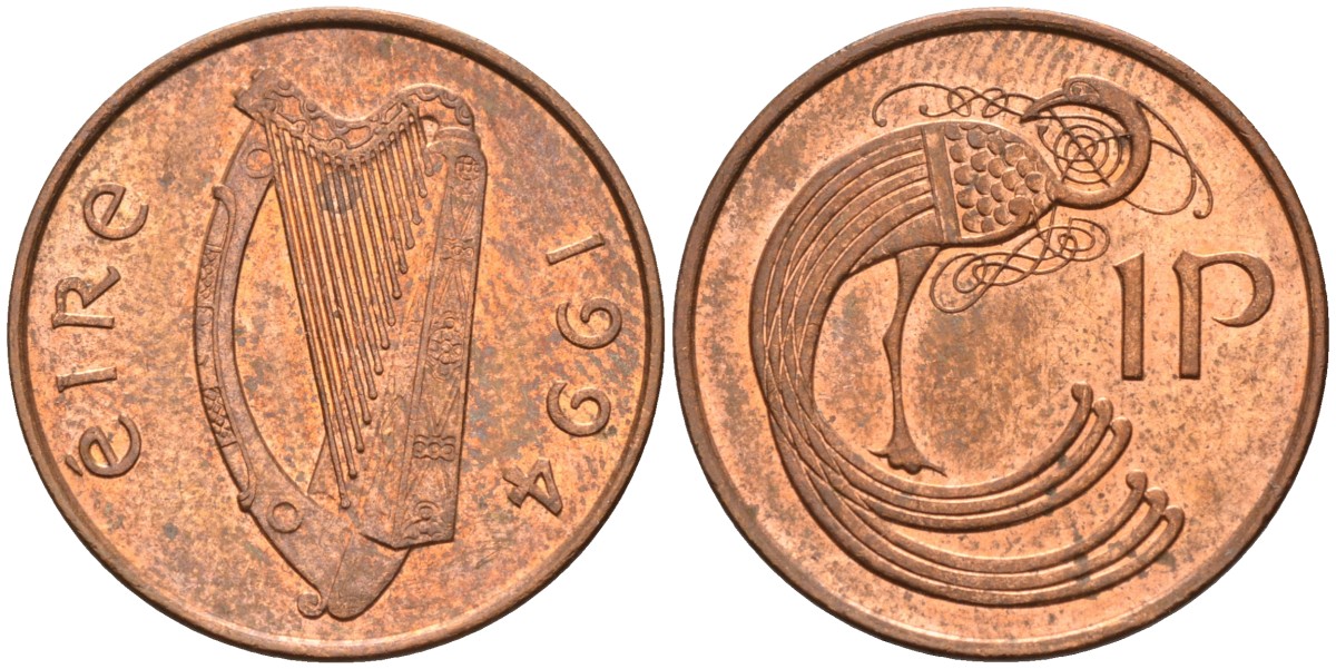 Ирландия 1 пенни 1994 мифологическая птица лира KM 20а сталь плакированная медью BUNC 4582-145
