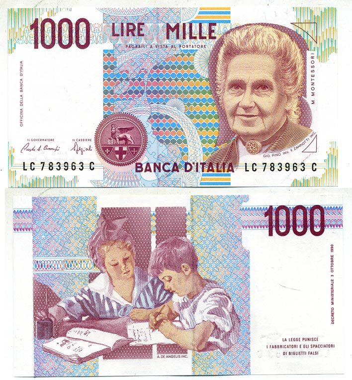 Италия 1000 лир 1990 Мария Монтессори Pick 114а бумага UNC (пресс) 7551-44-3-2