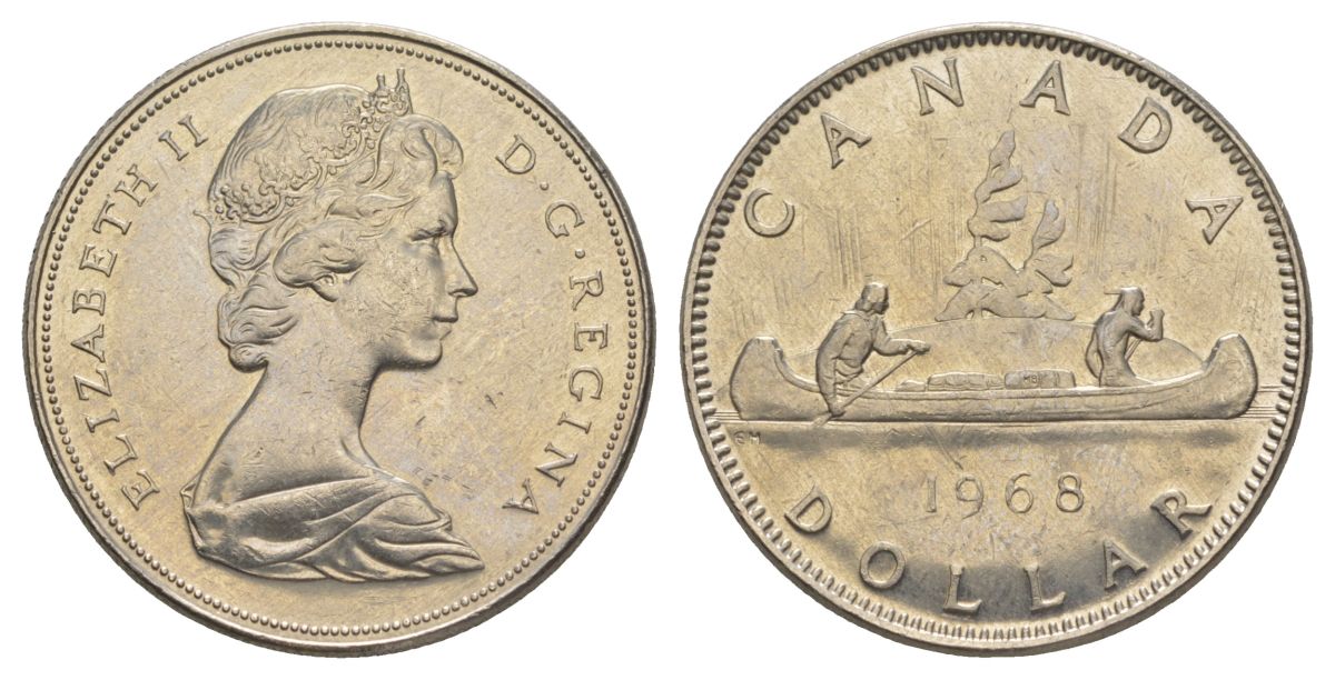 Канада 1 доллар 1968 Елизавета II (1952-2022), каноэ KM 76 никель UNC 4185-331