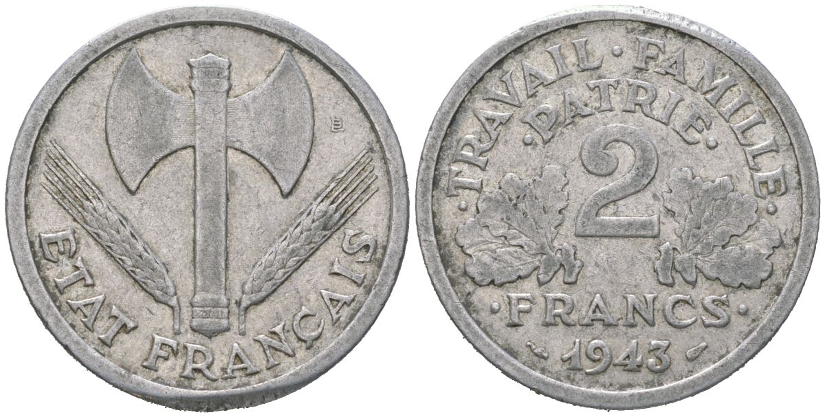 Франция 2 франка 1943 KM 904.2, Le Franc 270 алюминий 4582-227