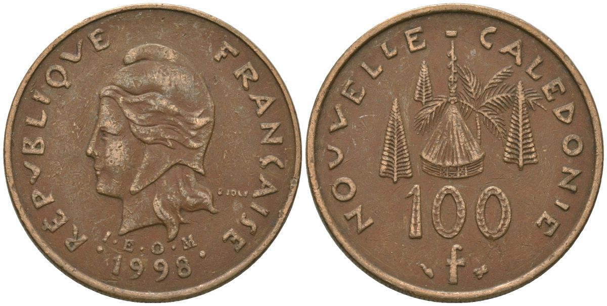 Французская Новая Каледония 100 франков 1998 хижина среди сосен и пальм, (IEOM) KM 15, Schoen 16, Lec 139b никель бронза 88-1232