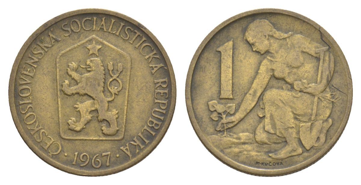 Чехословакия 1 крона 1967 KM 50 алюминиевая бронза 4633-652