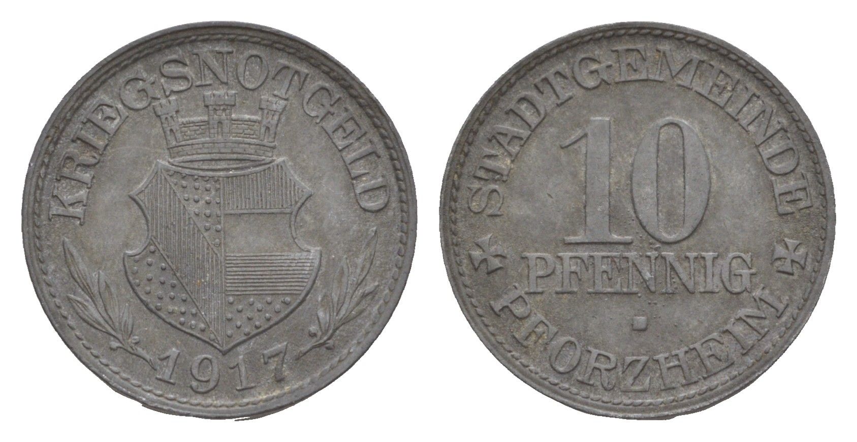 Пфорцгейм 10 пфеннигов 1917 Funck 423.1, Men05 20430.1, Men18 25604.1 цинк 4636-1214