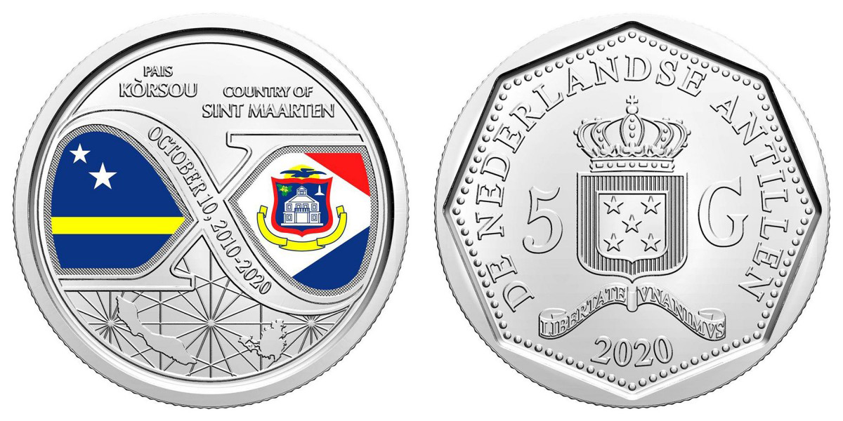 Нидерландские Антильские острова (Нидерландские Антилы)  5 гульденов 2020 10 лет автономии, Кюрасао и Сант-Мартен, эмаль KM NEW никелированная сталь  UNC  M67-15